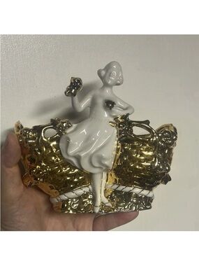 Rare Vintage Porcelain Gold And White Lady Planter